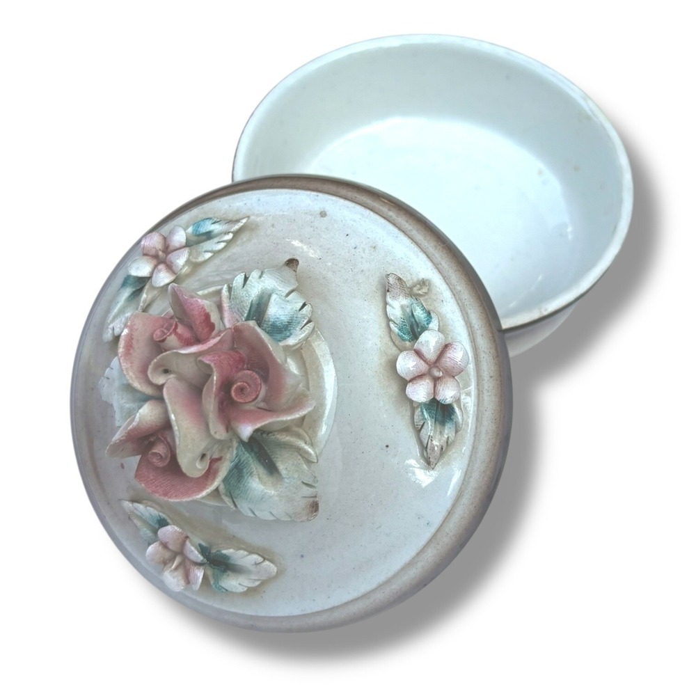 Vintage Capodimonte-style Floral Accent Italian Ceramic Trinket Box